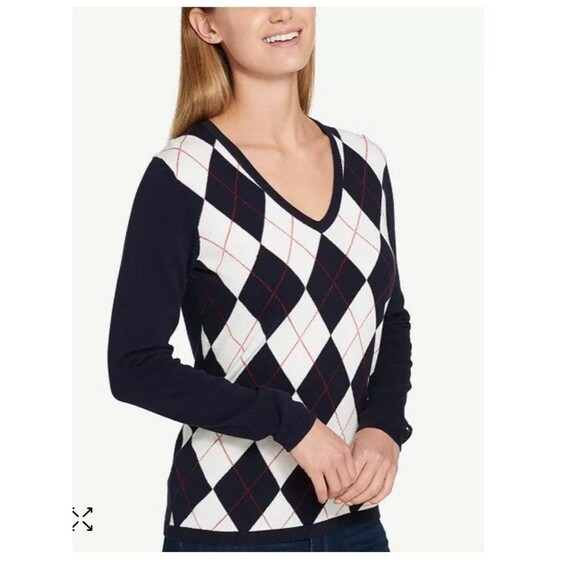 Tommy Hilfiger Argyle print at front 
V-neckline 
Navy cotton sweater
Size S - Picture 1 of 7